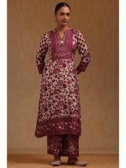 Soch - Womens Wine Dola Silk Floral Print Kurta with Palazzo Set
