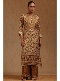 Soch - Womens Mustard Dola Silk Floral Print Kurta with Palazzo Set