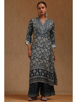 Soch - Womens Blue Dola Silk Floral Print Kurta with Palazzo Set