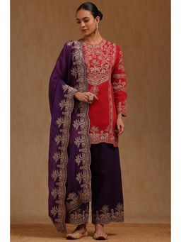 Soch - Womens Red Chanderi Embroidered Kurta with Palazzo and Dupatta Set