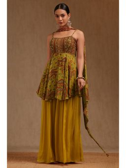 Soch - Womens Mustard Chinon Ethnic Motifs Kurta with Palazzo & Dupatta