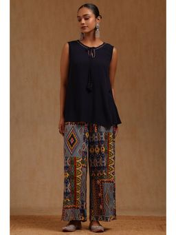 Soch - Womens Navy Blue Rayon Crepe Solid Tunic with Palazzo Set