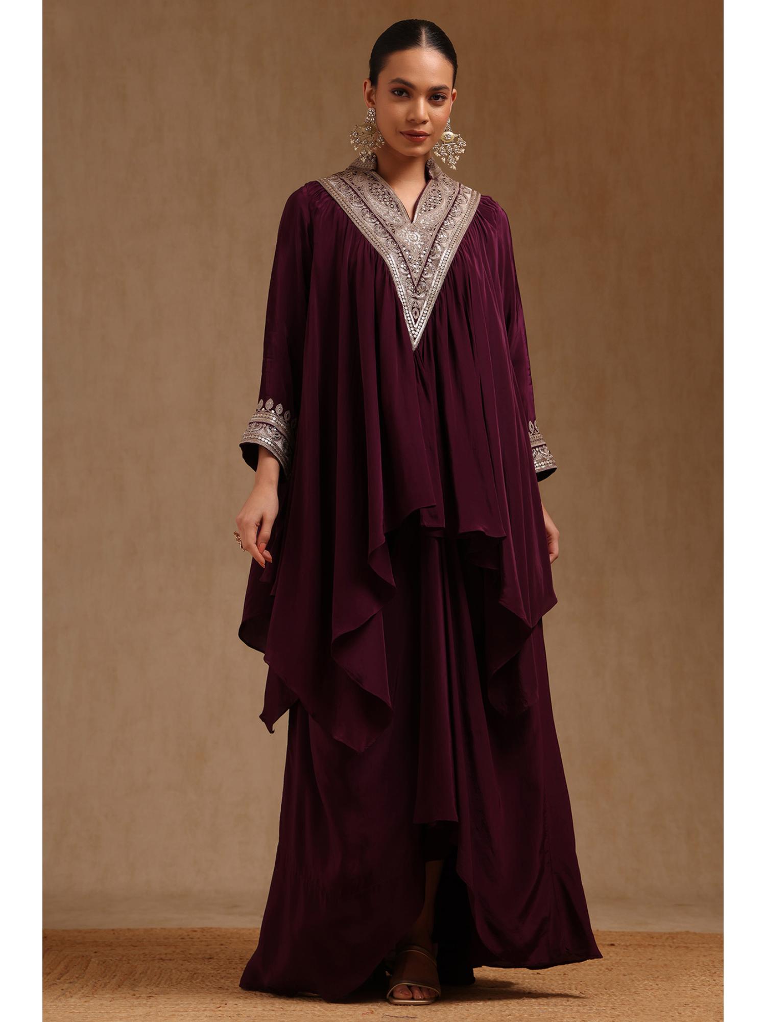 Womens Wine Crepe Sequins Tunic and Skirt Set-image-44