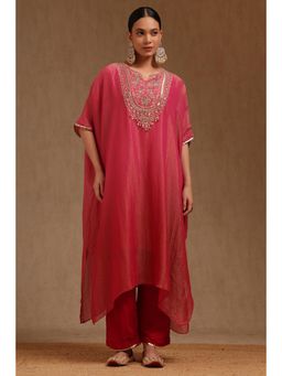 Soch - Womens Fuchsia Pink Tissue Kaftan with inner Slip and Pant Set