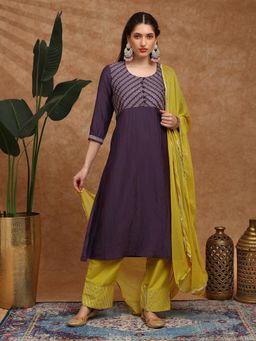 Globus - Women Purple Yoke A-Line Kurta with Gotta Lace Pant and Dupatta Festive Set