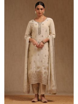 Soch - Womens Off White Tissue Embroidered Kurta with Pant and Dupatta
