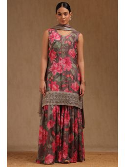 Soch - Womens Brown Chinon Floral Print Kurta with Sharara & Dupatta