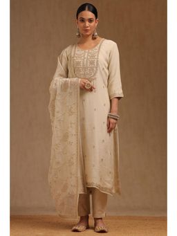 Soch - Womens Off White Tissue Embroidered Kurta with Pant and Dupatta
