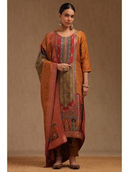 Soch - Womens Mustard Brocade Floral Print Kurta with Pant and Dupatta