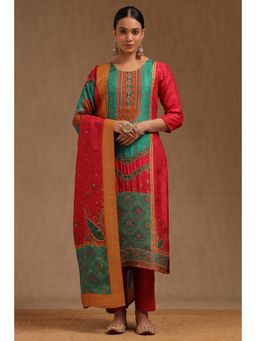 Soch - Womens Fuchsia Brocade Floral Print Kurta with Pant and Dupatta