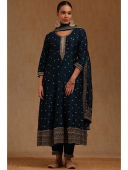 Soch - Womens Teal Blue Vichitra Anarkali Kurta with Pant and Dupatta