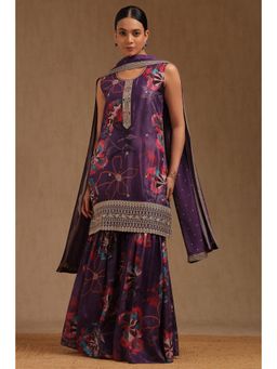Soch - Womens Purple Chinon Floral Print Kurta with Sharara & Dupatta