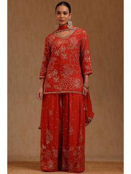 Soch - Womens Red Chinon Embroidered Kurta with Palazzo and Dupatta Set