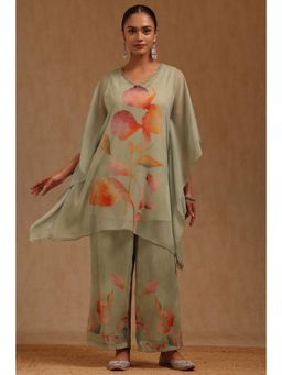 Soch - Womens Sap Green Chiffon Floral Print Kaftan with inner Slip and Palazzo Set