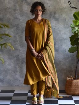 Suta - Yellow Viscose Rayon Anarkali Kurta with Pant and Dupatta