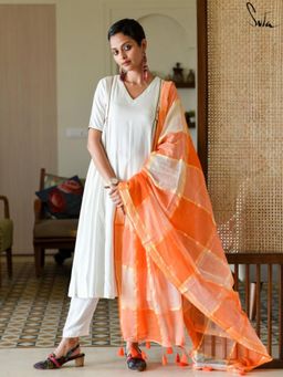 Suta - White and Orange Viscose Rayon Anarkali Kurta with Pant and Dupatta