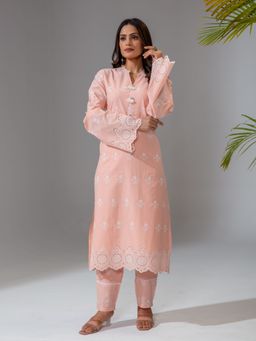 Kasya - Peach Cotton Embroidered A-Line Kurta with Pant (Set of 2)