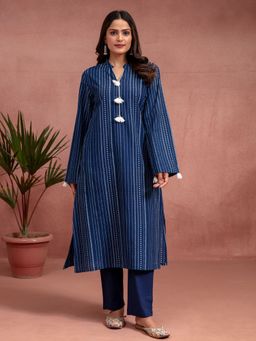 Kasya - Indigo Cotton Printed A-Line Kurta with Pant (Set of 2)