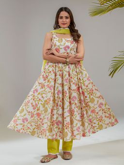 Kasya - Off White Cotton Floral Printed Anarkali Kurta with Pant and Dupatta (Set of 3)