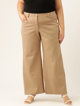 theRebelinme - Plus Size Womens Beige Solid Color Cotton Knitted Trouser