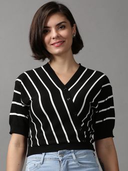 SHOWOFFFF - Women's Vertical Stripes V-neck Black Regular Top