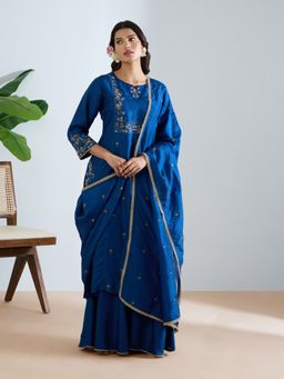 THREE-THREE - Blue Azhagi Embroidered Kurta with Palazzo and Dupatta