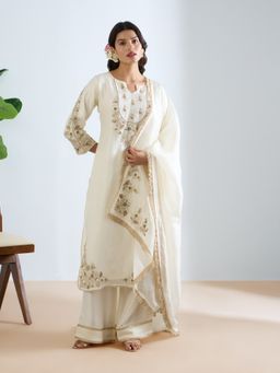 THREE-THREE - Cream Kayini Embroidered Kurta with Palazzo and Dupatta