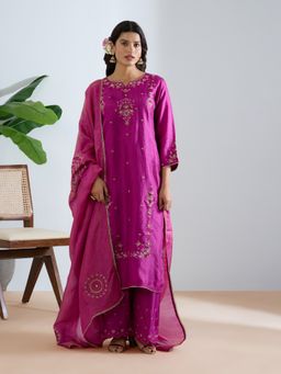 THREE-THREE - Purple Oviya Embroidered Kurta with Pant and Dupatta