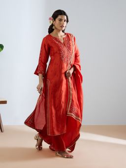 THREE-THREE - Rust Sevvi Embroidered Kurta with Pant and Dupatta