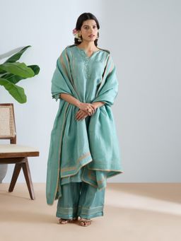 THREE-THREE - Blue Theera Embroidered Kurta with Palazzo and Dupatta
