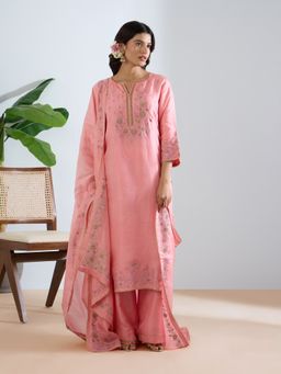 THREE-THREE - Pink Veera Embroidered Kurta with Pant and Dupatta