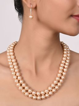 Ratnavali Jewels - Imitation Pearl 10mm Beads Dual Strand Necklace with Hook Earrings (Set of 2)
