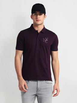 Arrow Newyork - Purple Stripe Collar Cotton Polo T-Shirt
