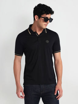 Arrow Newyork - Black Striped Collar Cotton Polo T-Shirt
