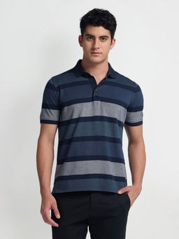 Arrow - Navy Blue Horizontal Stripe Cotton Polo T-Shirt