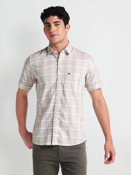 Arrow Sports - Beige Tartan Check Short Sleeve Shirt