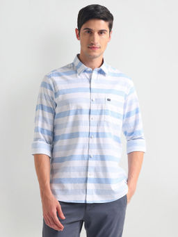 Arrow Sports - White Horizontal Stripe Cotton Melange Shirt