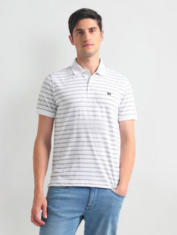 Arrow Sports - White Horizontal Stripe Knit Polo T-Shirt