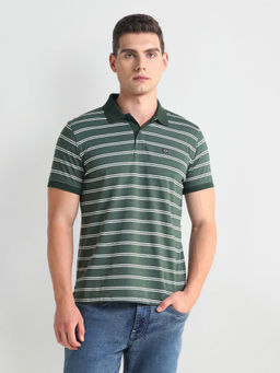 Arrow Sports - Green Ribbed Collar Horizontal Stripe Polo T-Shirt