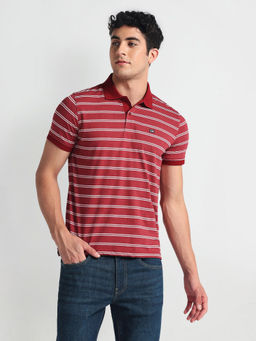 Arrow Sports - Red Horizontal Stripe Cotton Polo T-Shirt