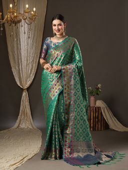 Akhilam - Womens Silk Blend Teal Blue Woven Design Designer Saree with Unstitched Blouse