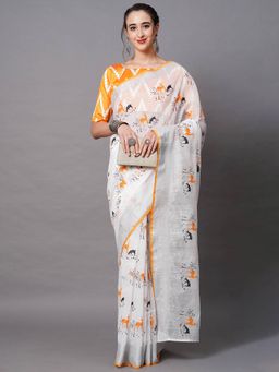 Odette - White Festive Linen Blend Printed Saree with Unstitched Blouse