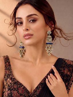 ADIVA - Gold-Plated Elephant Motif Ad Stone Blue Stone Pearl Earrings