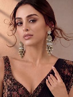 ADIVA - Gold-Plated Elephant Motif Ad Stone White Stone Pearl Earrings