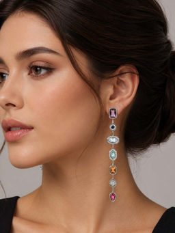 Blysk Jewels - Silver Toned Multicolour Crystal Long Dangler Earrings