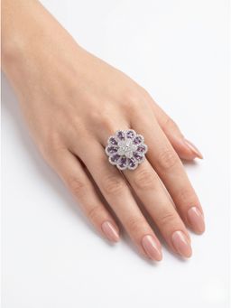 Adwitiya - Floral Lavender Silver Adjustable Statement Ring