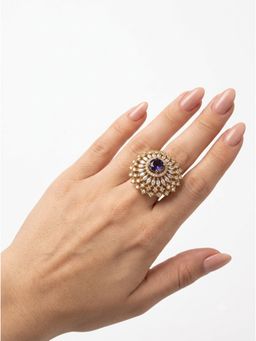 Adwitiya - Royal Amethyst Sunburst Gold Adjustable Statement Ring