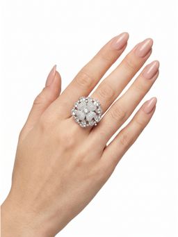 Adwitiya - Floral Crystal Silver Adjustable Statement Ring