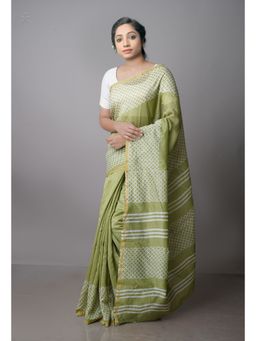Unnati Silks - Pale Green Pure Block Printed Chanderi Sico Saree with Unstitched Blouse