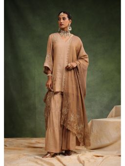 CHARU MAKKAR - Sweet Cinnamon Brown Three Fourth Sleeves Chanderi Kurta with Sharara and Dupatta